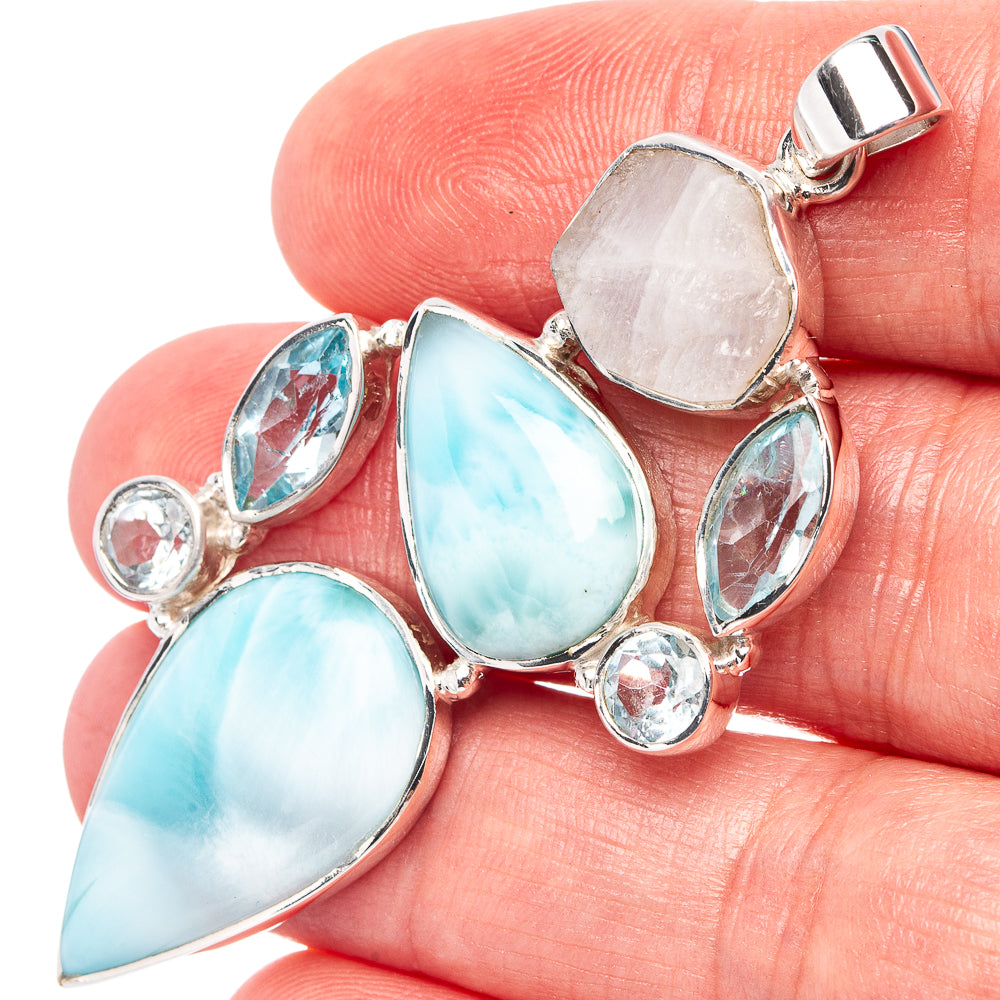 Signature Larimar, Rainbow Moonstone, Blue Topaz Pendant 2 3/8" (.925 Sterling Silver)