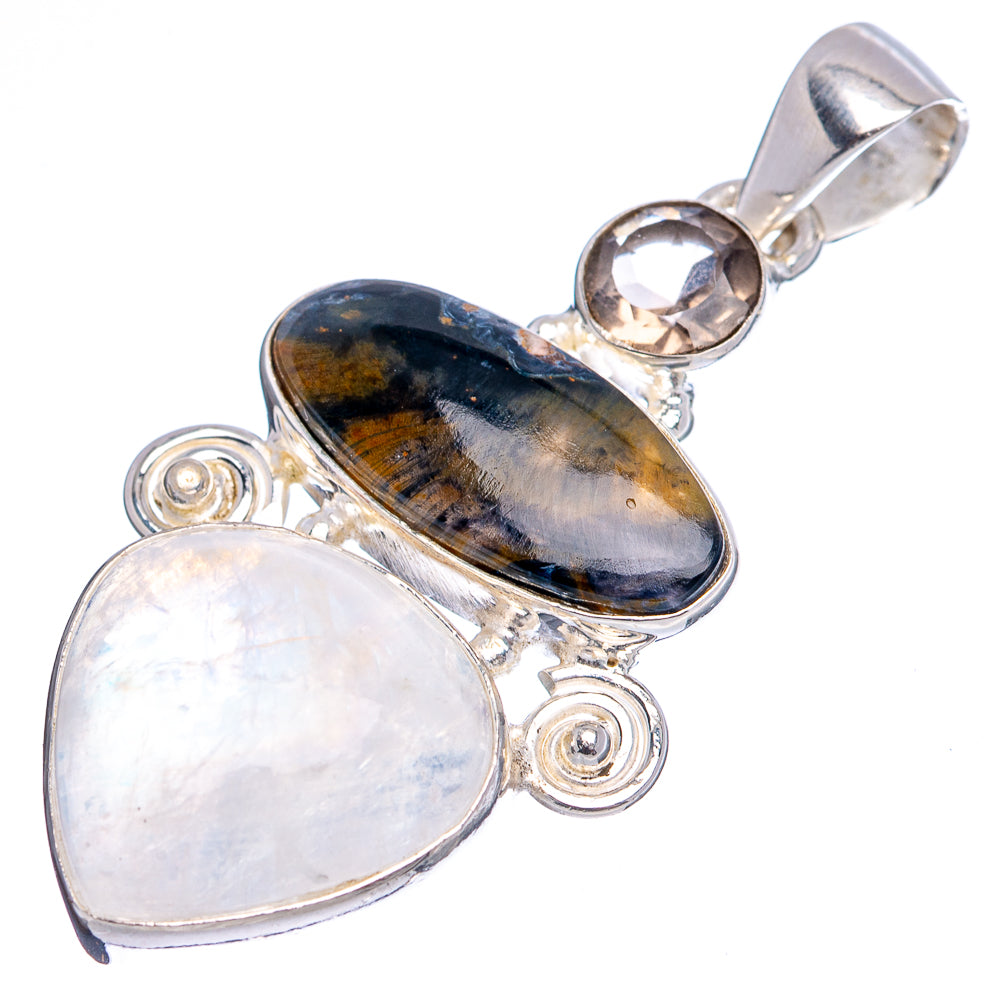 Premium Pietersite, Rainbow Moonstone, Smoky Quartz Pendant 1 3/4" (.925 Sterling Silver)