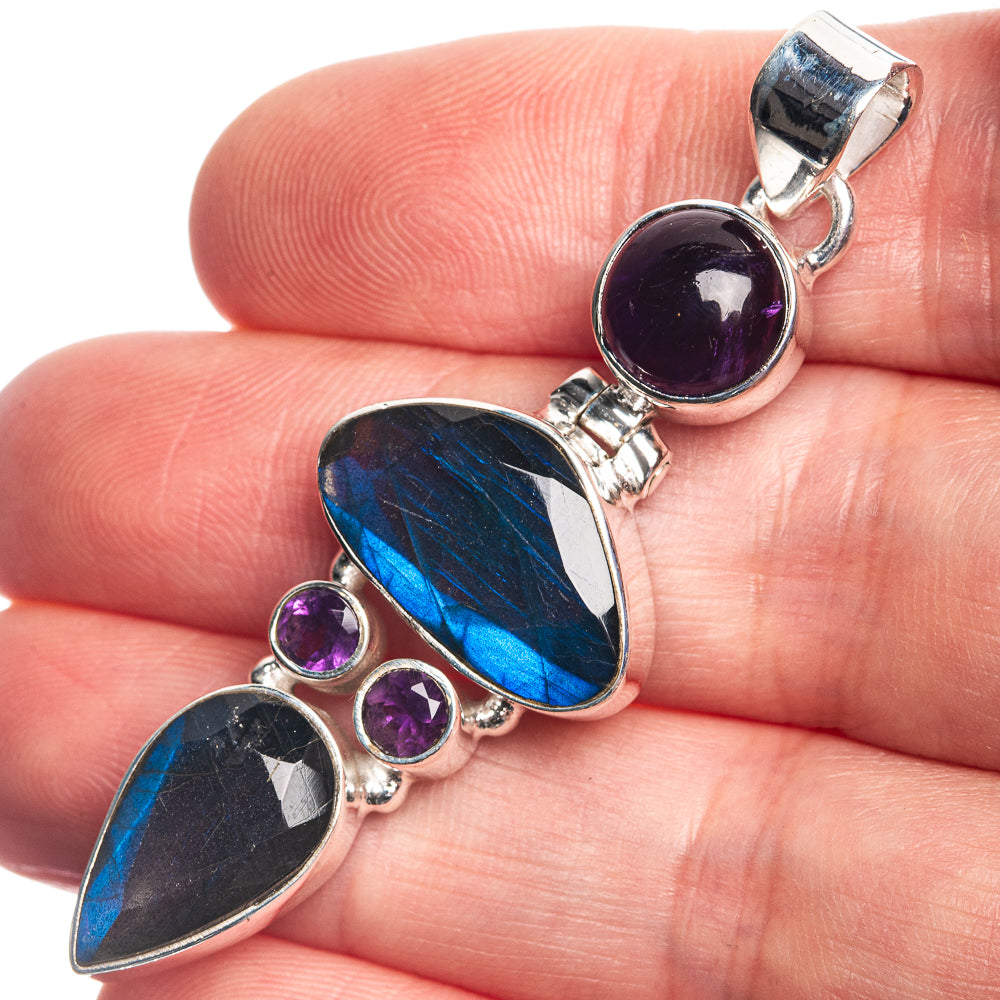 Labradorite, Amethyst 925 Sterling Silver Pendant 2 1/4"