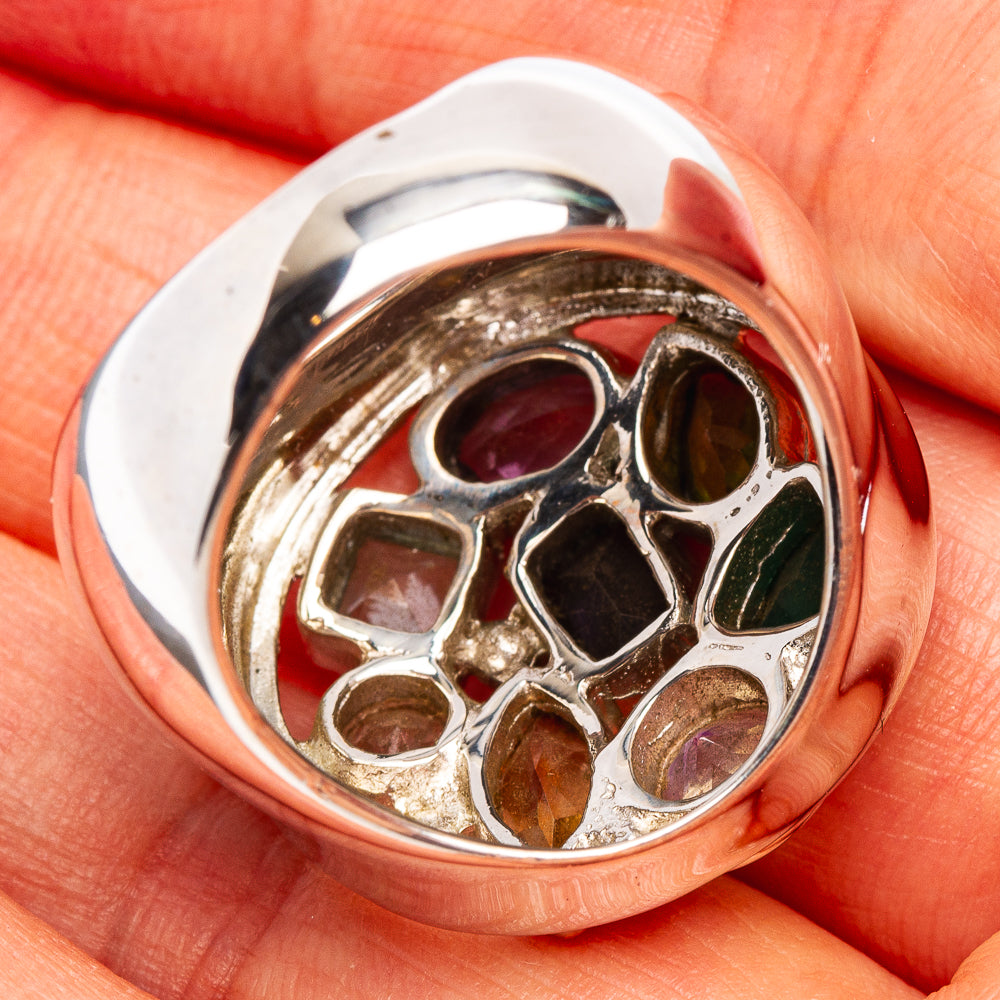 Premium Faceted Multi-Gem Tanzanite, Blue Topaz, Rose Quartz, Citrine, Rainbow Moonstone, Green Onyx, Peridot, Amethyst Ring Size 6.75 (.925 Sterling Silver)
