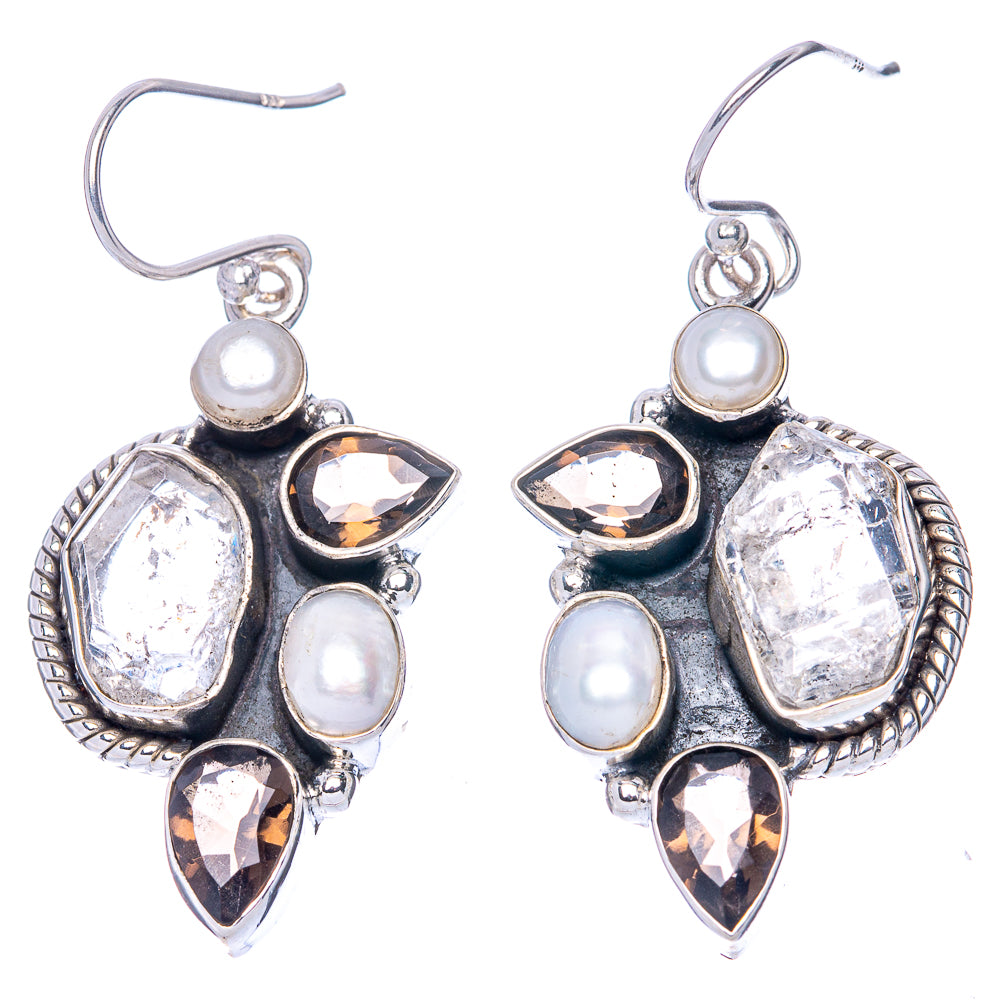Premium Herkimer Diamond, Smoky Quartz, Cultured Pearl 925 Sterling Silver Earrings 1 3/4" (925 Sterling Silver) E1213