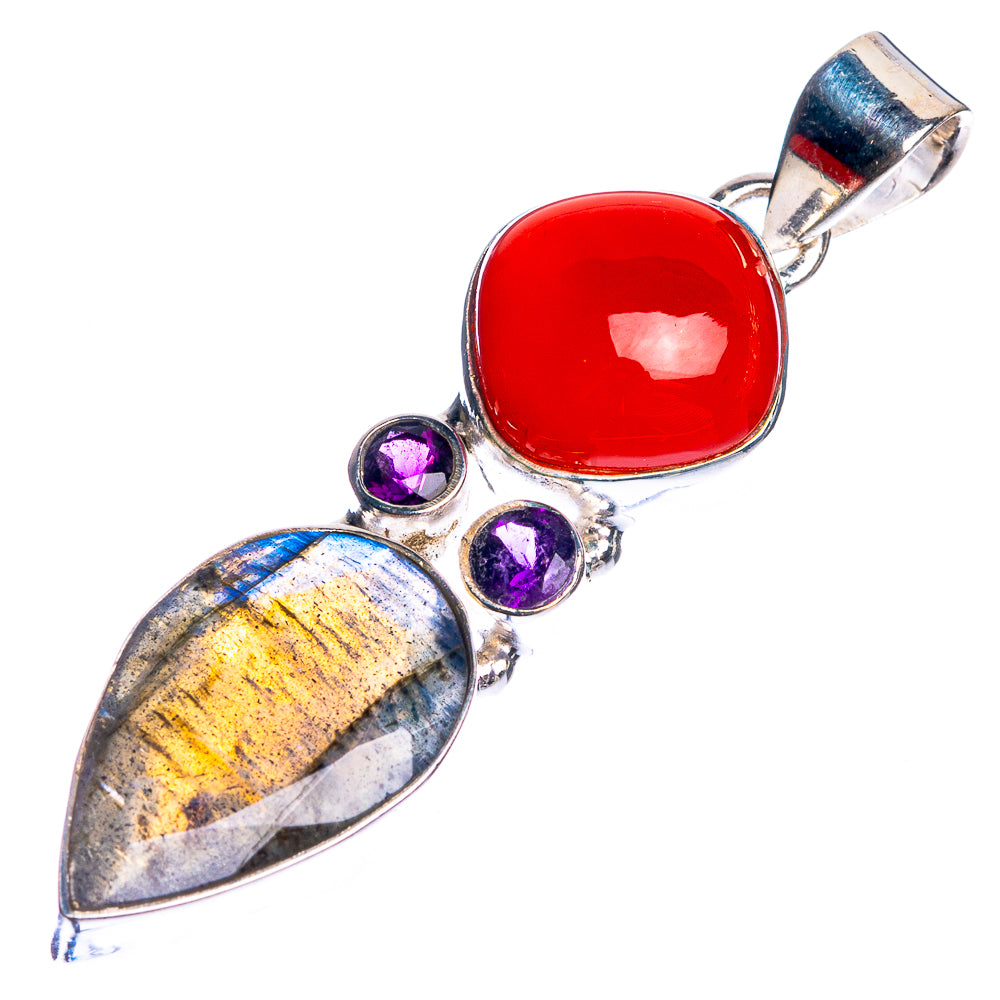 Labradorite, Carnelian, Amethyst 925 Sterling Silver Pendant 2"