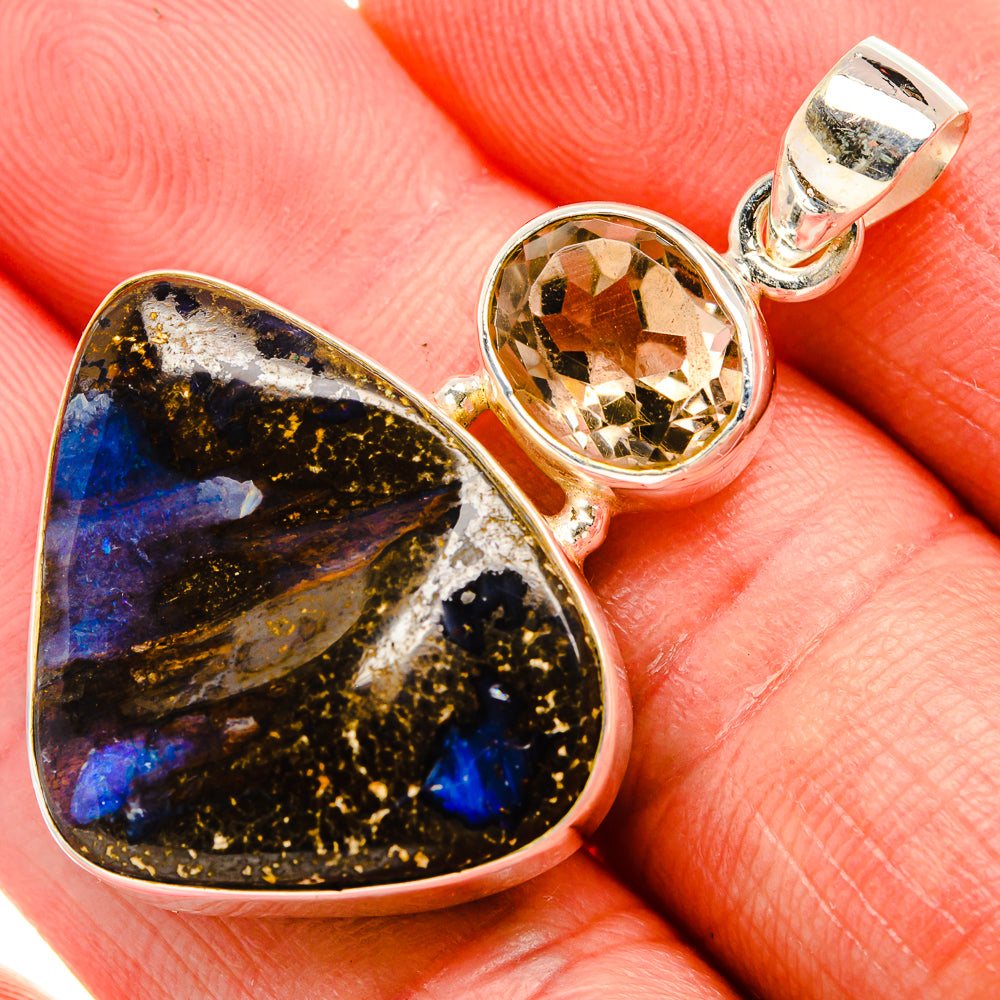 Boulder Opal, Smoky Quartz 925 Sterling Silver Pendant 1 3/4" (925 Sterling Silver) PD38370