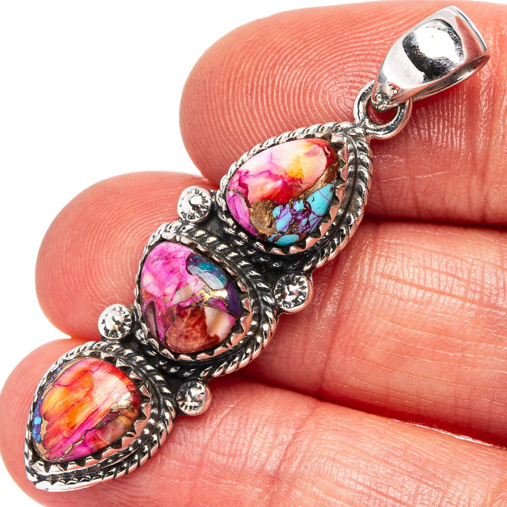 Native Style Pink Dahlia Mohave Turquoise Pendant 1 3/4" (.925 Sterling Silver)