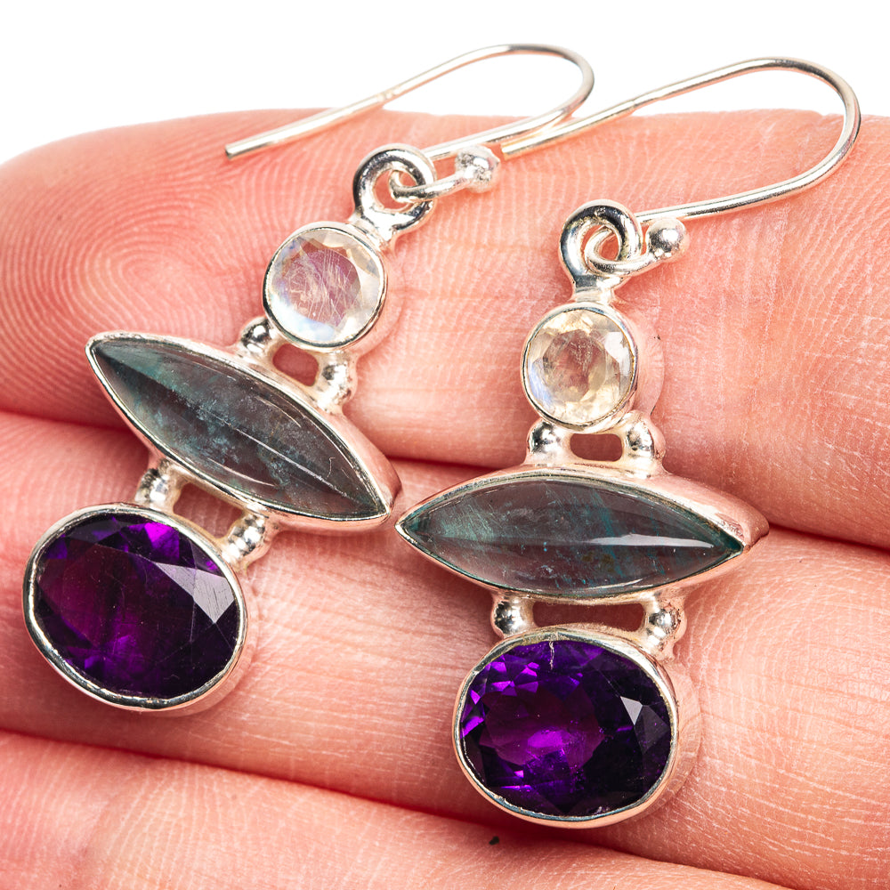 Amethyst, Aquamarine, Rainbow Moonstone Earrings 1 5/8" (925 Sterling Silver) E432694