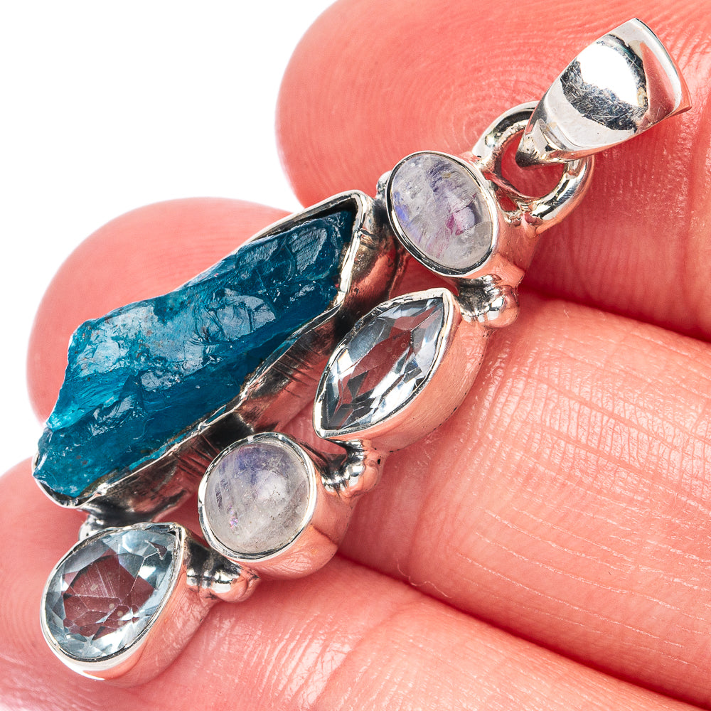 Blue Fluorite, Blue Topaz, Rainbow Moonstone Pendant 1 1/2" (925 Sterling Silver) P44365