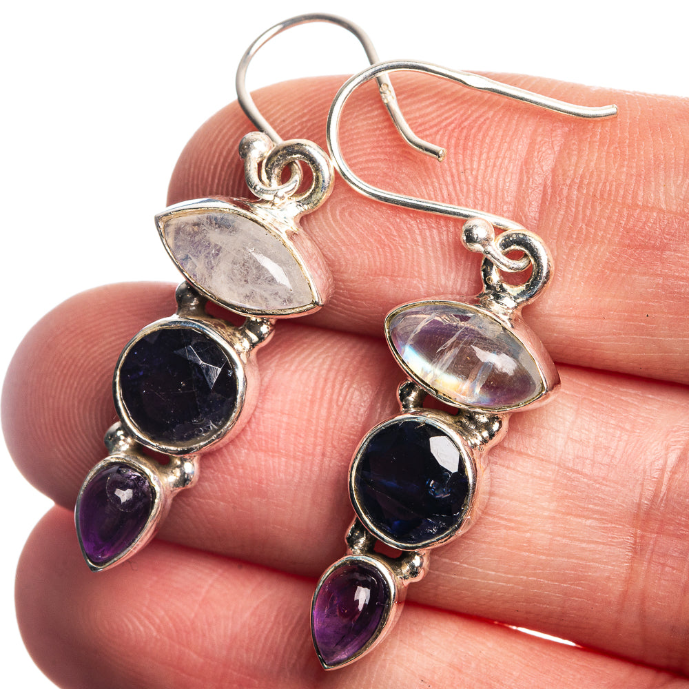 Rainbow Moonstone, Tanzanite, Amethyst 925 Sterling Silver Earrings 1 1/2"