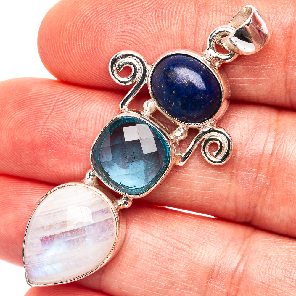 Premium Rainbow Moonstone, Blue Topaz, Lapis Lazuli Pendant 2" (.925 Sterling Silver)