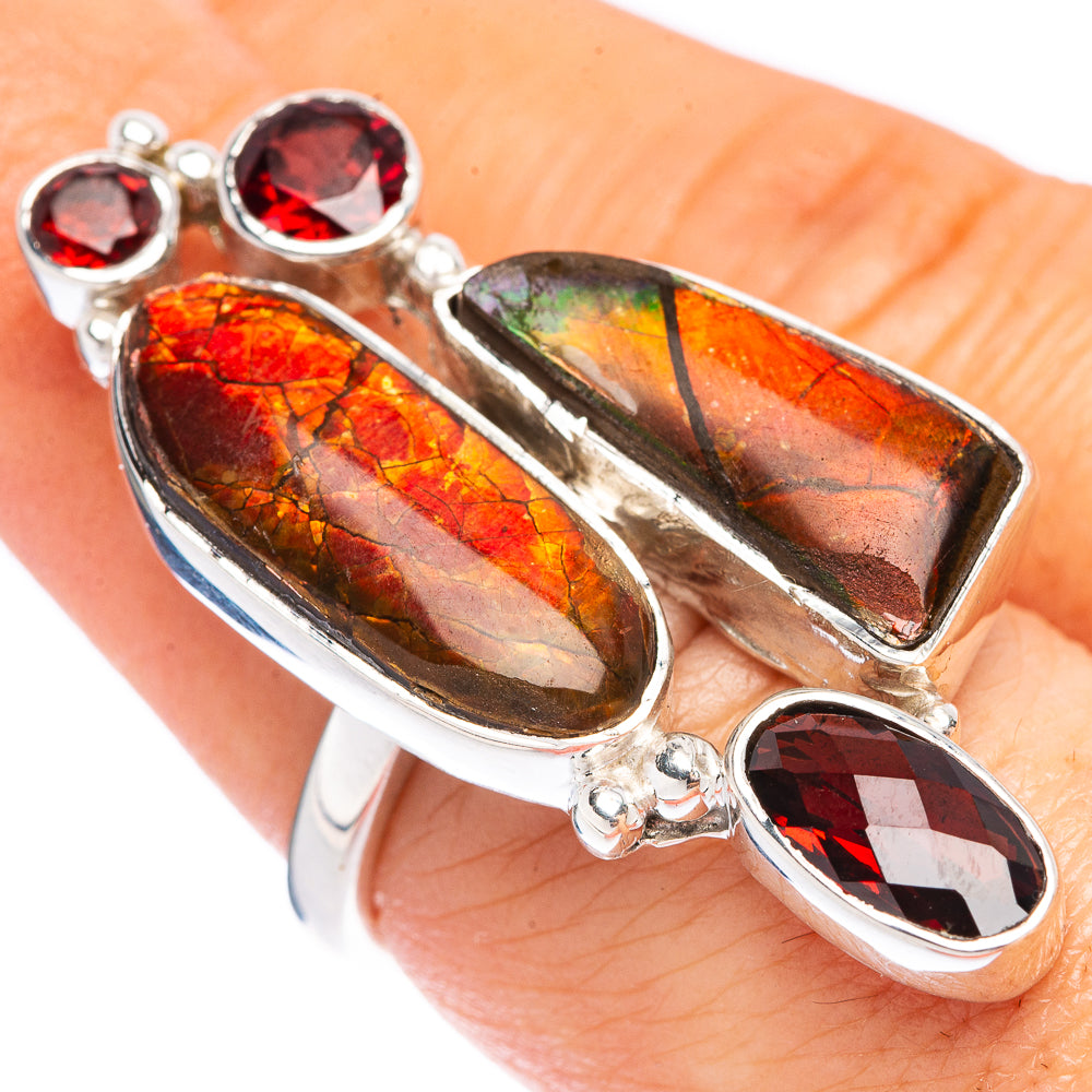 Signature Ammolite, Garnet Ring Size 6.75 (925 Sterling Silver) R1778