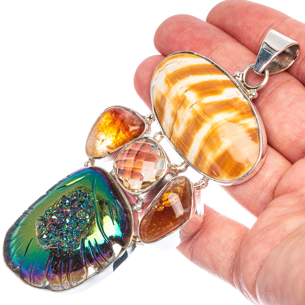 Gigantic Titanium Druzy, Ocean Sea Shell, Sunstone, Citrine Pendant 4" (925 Sterling Silver) P40117
