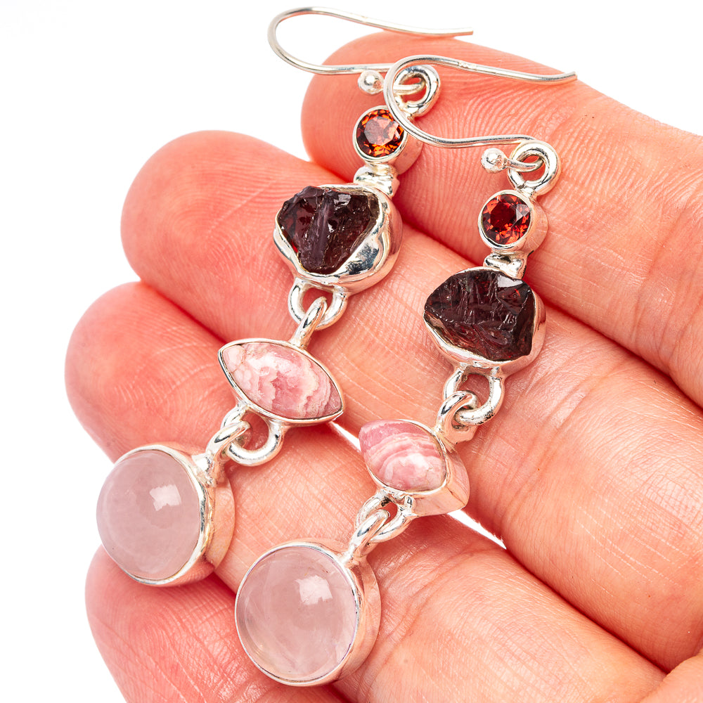 Rose Quartz, Garnet, Rhodochrosite Earrings 2 1/4" (925 Sterling Silver) E2624