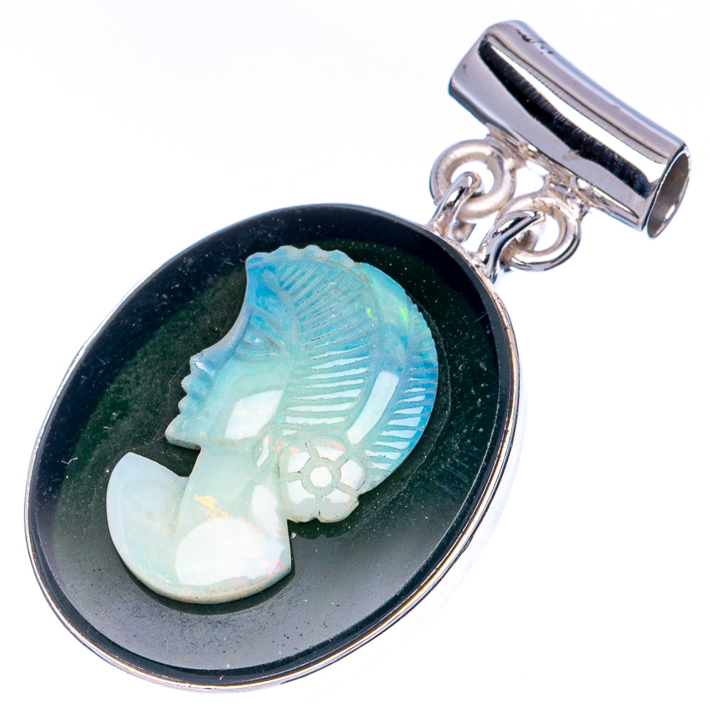Rare Natural Opal Cameo Black Onyx Lady Face Cameo Pendant 1 1/2" (925 Sterling Silver) P41278