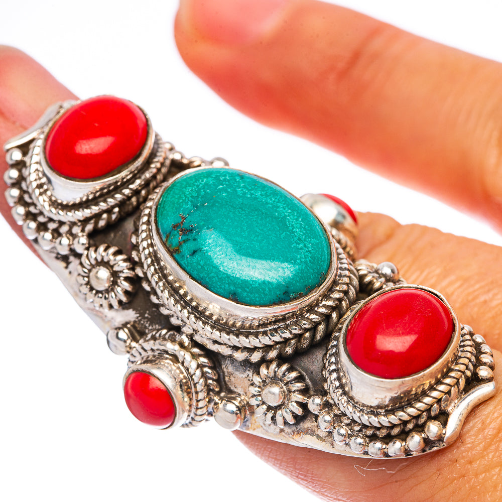 Gigantic Tibetan Turquoise, Red Coral Ring Size 6.5 (925 Sterling Silver) R146043