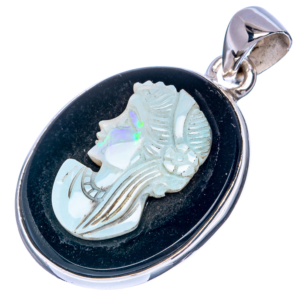 Rare Natural Opal Cameo Black Onyx Lady Face Cameo Pendant 1 3/8" (925 Sterling Silver) P41277