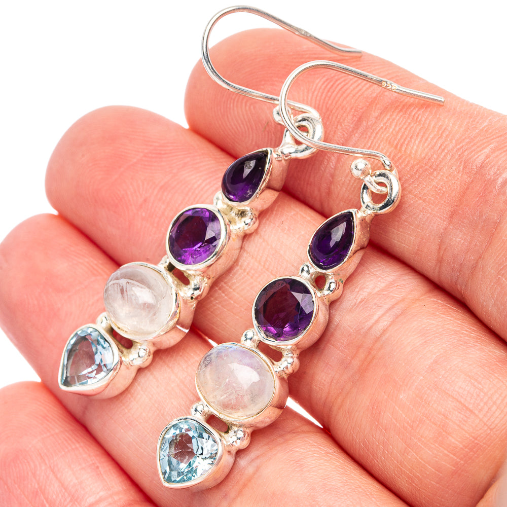 Rainbow Moonstone, Amethyst, Blue Topaz 925 Sterling Silver Earrings 1 7/8" (925 Sterling Silver) E2191