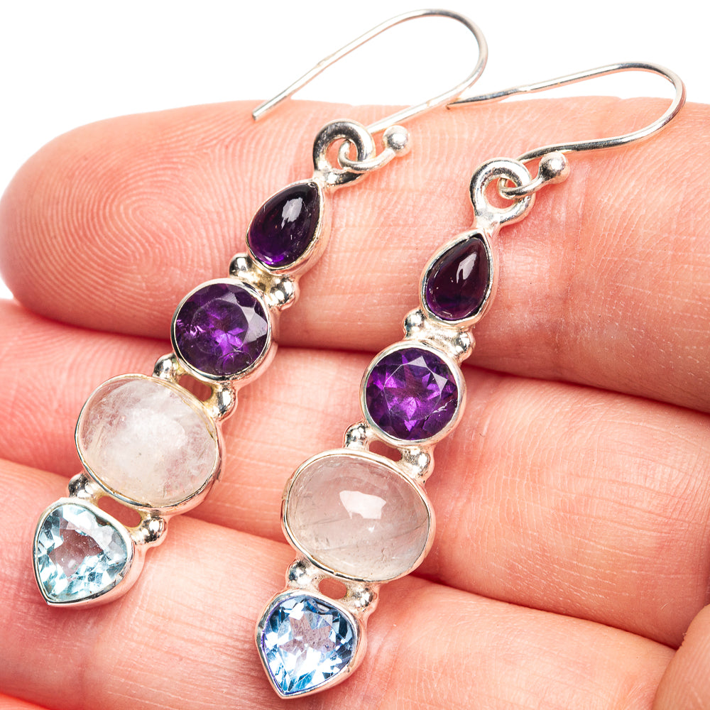 Rainbow Moonstone, Blue Topaz, Amethyst Earrings 1 7/8" (925 Sterling Silver) E432606