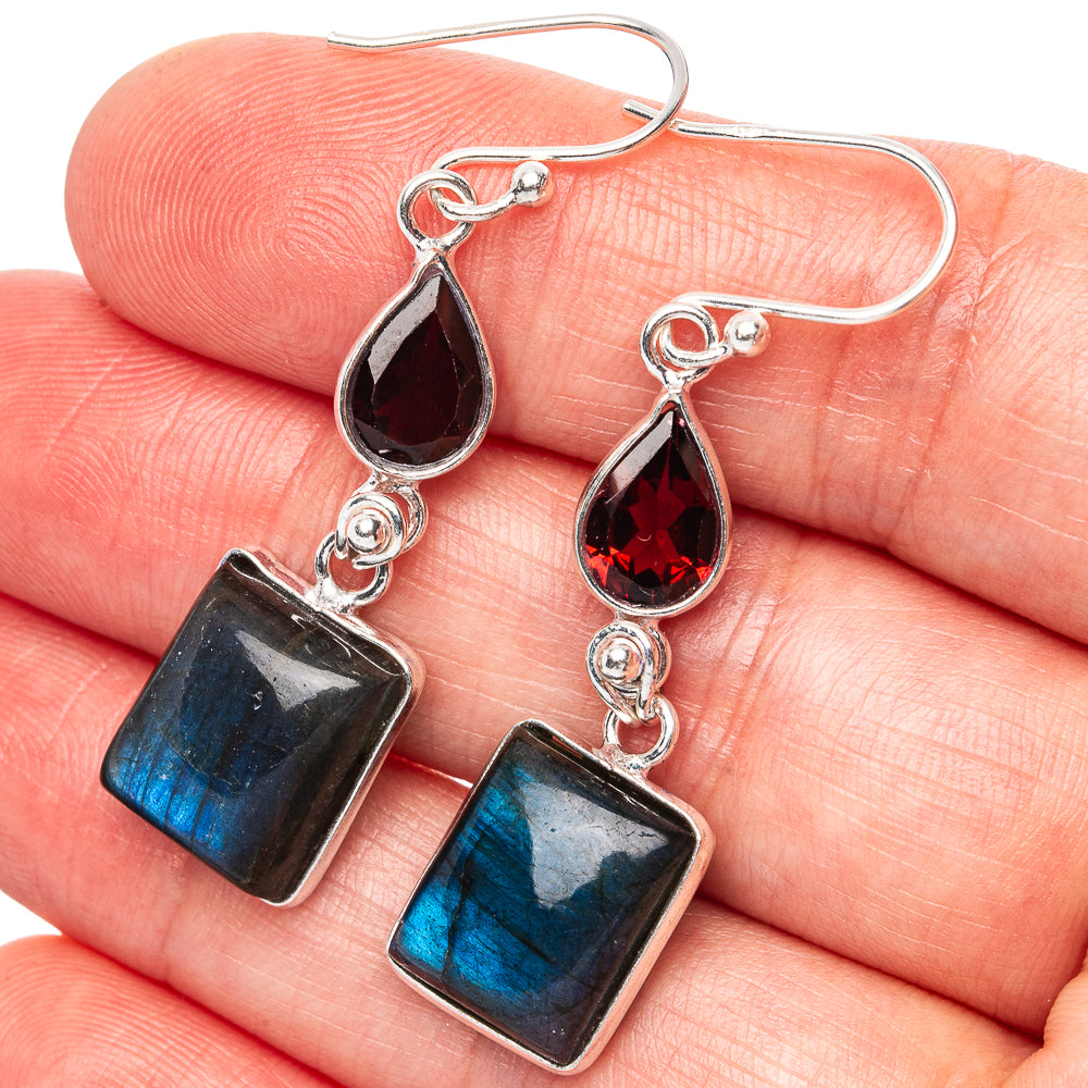 Labradorite, Garnet Earrings 1 7/8" (.925 Sterling Silver)