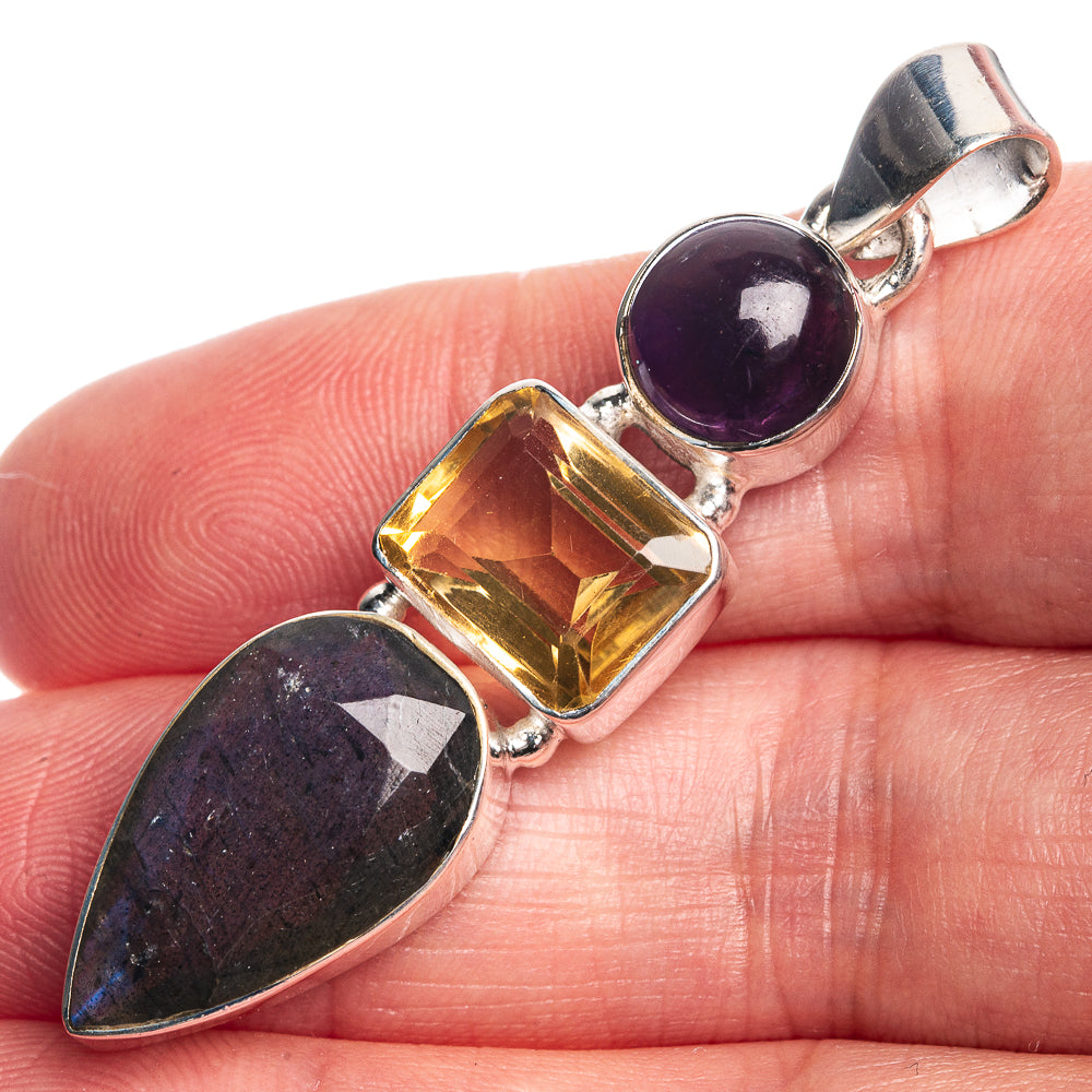 Labradorite, Citrine, Amethyst 925 Sterling Silver Pendant 2 1/8"