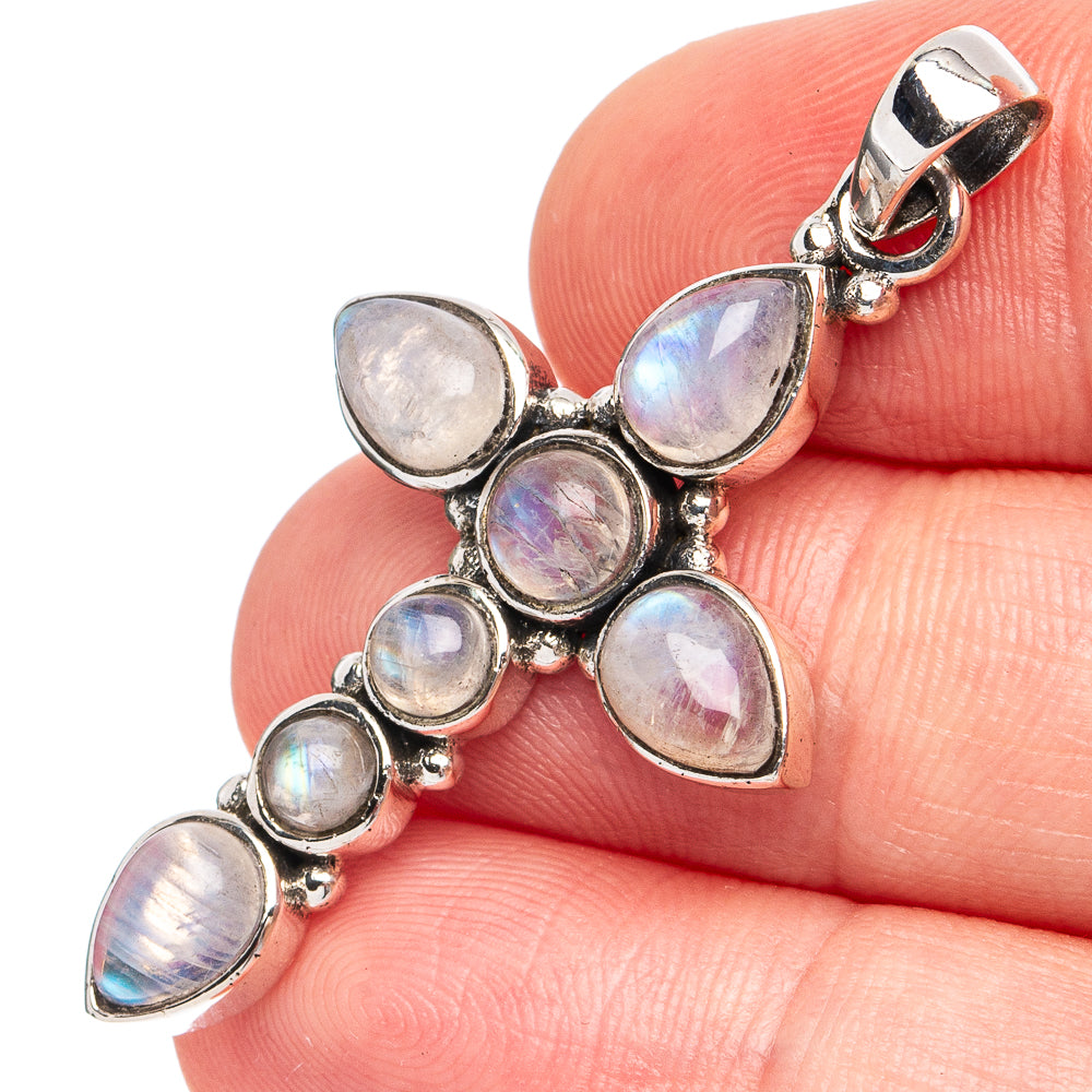 Dainty Rainbow Moonstone Cross Pendant 1 3/4" (925 Sterling Silver) P45266