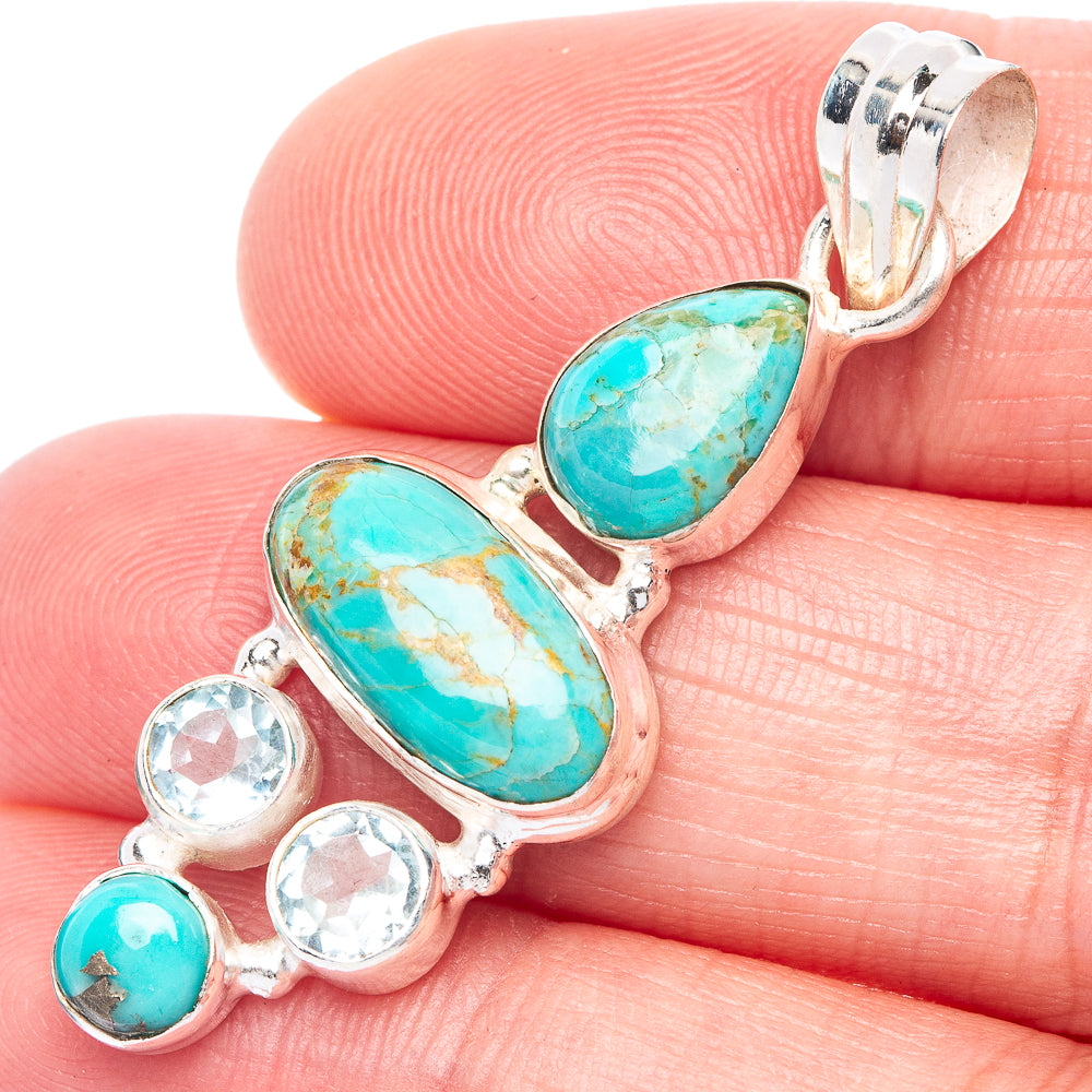 Rare Kingman Turquoise, Blue Topaz Pendant 1 3/4" (925 Sterling Silver) P41118