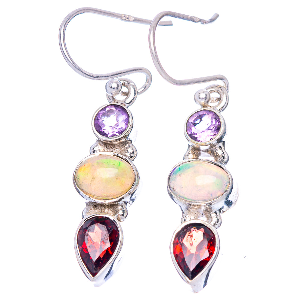 Rare Ethiopian Opal, Garnet, Amethyst Earrings 1 3/8" (925 Sterling Silver) E1398