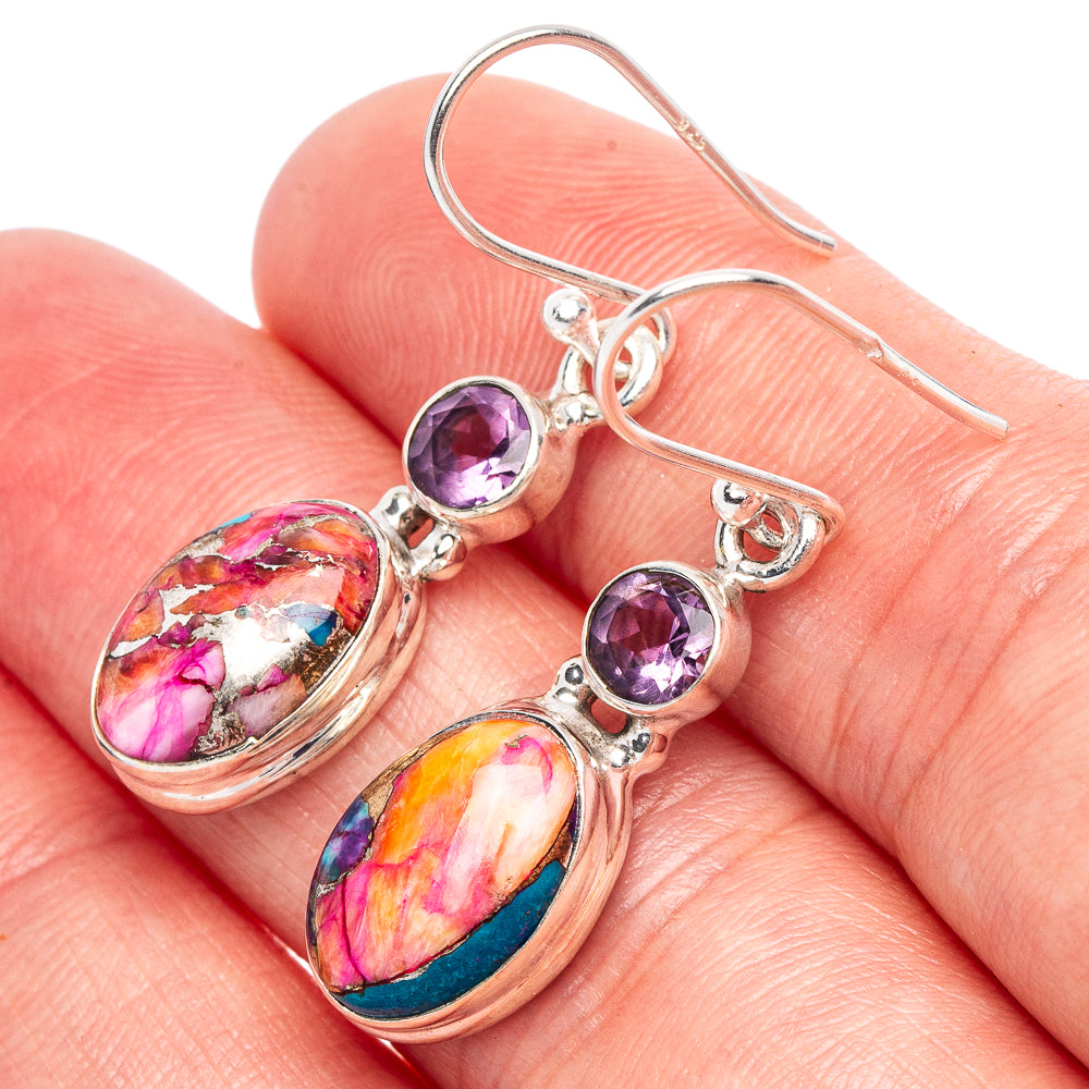 Kingman Pink Dahlia Turquoise, Amethyst Earrings 1 3/8" (925 Sterling Silver) E1834