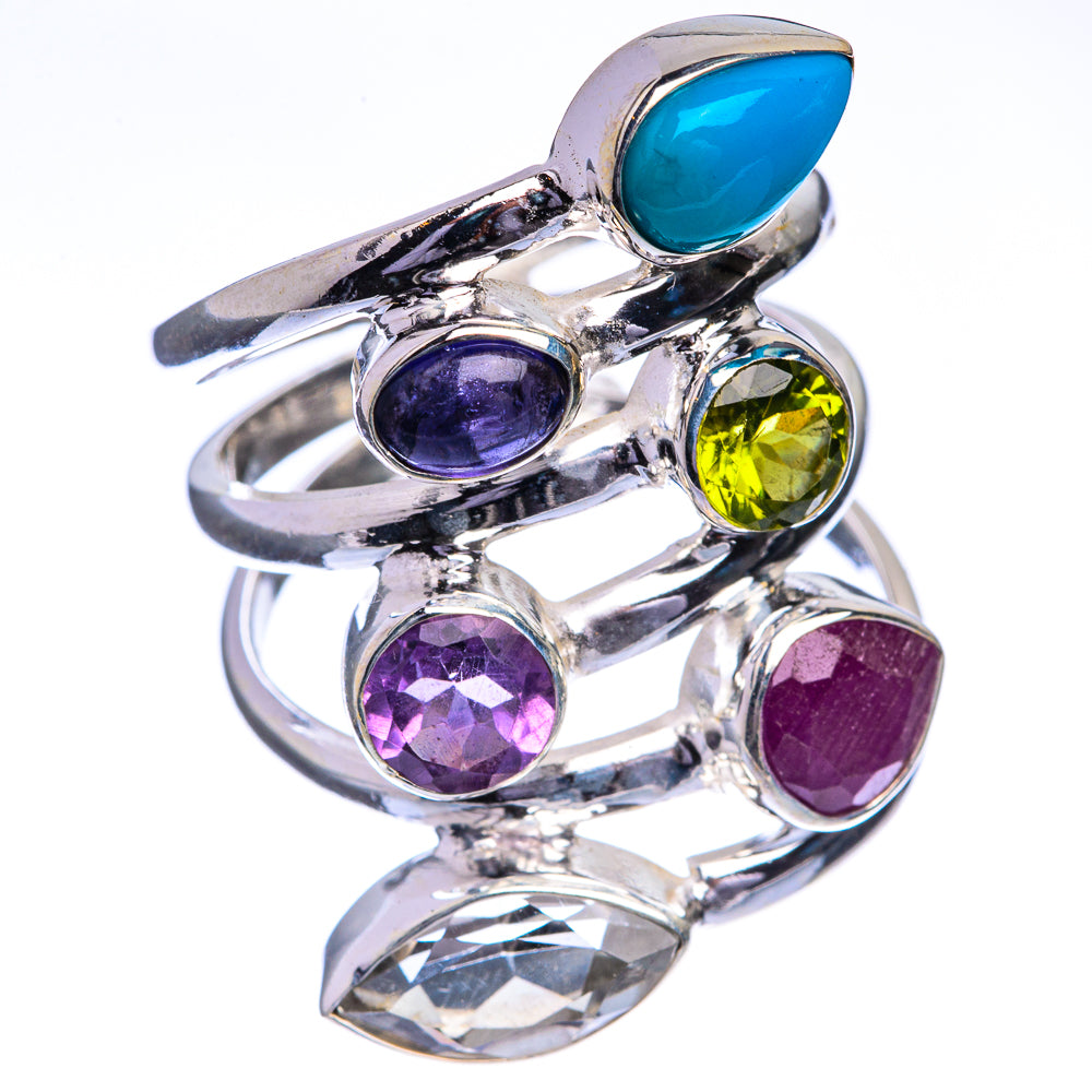 Large Sleeping Beauty Turquoise, Peridot, Tanzanite, Amethyst, Ruby, White Quartz Ring Size 6.75 (925 Sterling Silver) RING143325