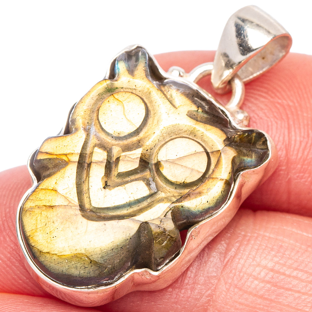 Carved Labradorite Owl Pendant 1 1/4" (925 Sterling Silver) P44211