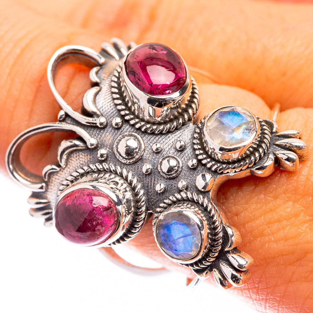 Large Pink Tourmaline, Rainbow Moonstone Ring Size 9.75 (925 Sterling Silver) R141461