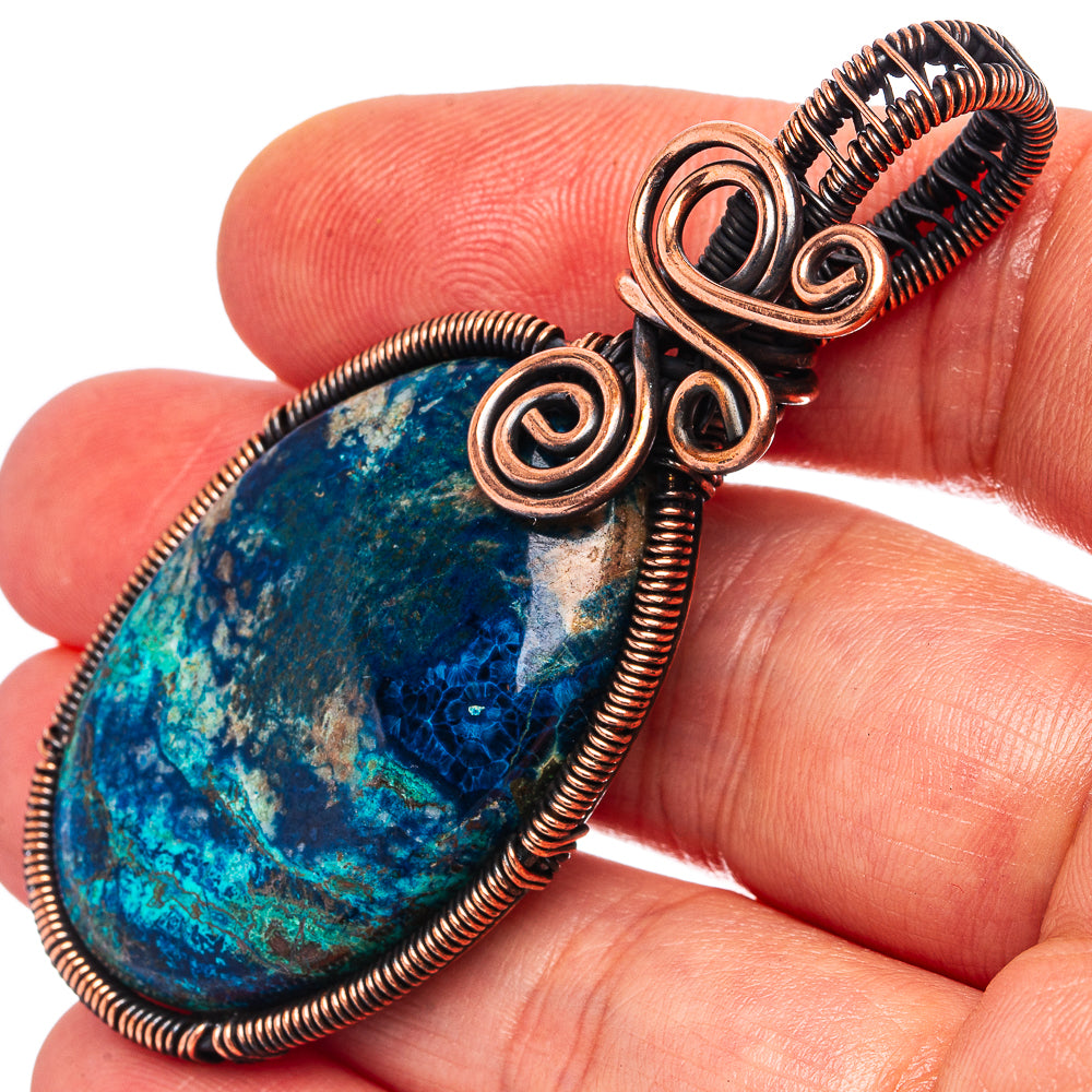 Shattuckite Wire Wrap Pendant 2 3/8" (Oxidized Copper)