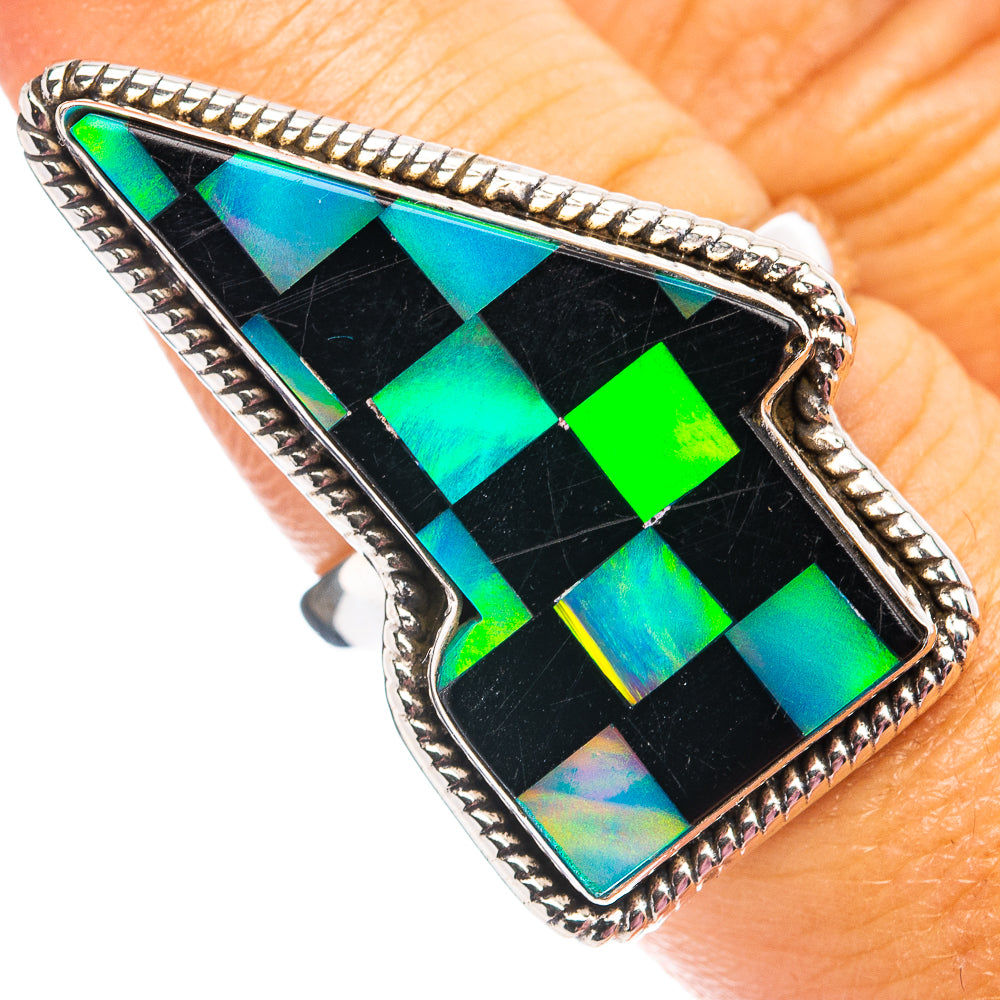 Premium Black Onyx & Aurora Opal Lightning Bolt Ring Size 7 (.925 Sterling Silver)