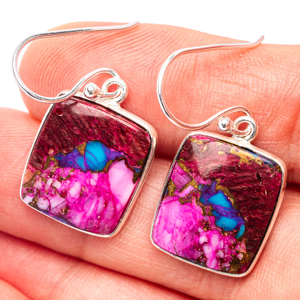 Pink Dahlia Mohave Turquoise Earrings 1 1/4" (.925 Sterling Silver)