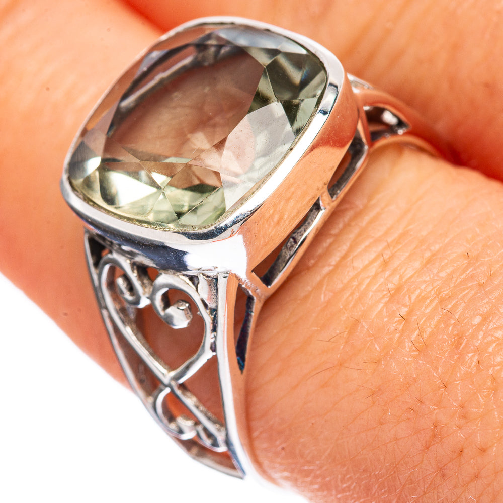 Faceted Green Amethyst Ring Size 8.5 (925 Sterling Silver) R3215