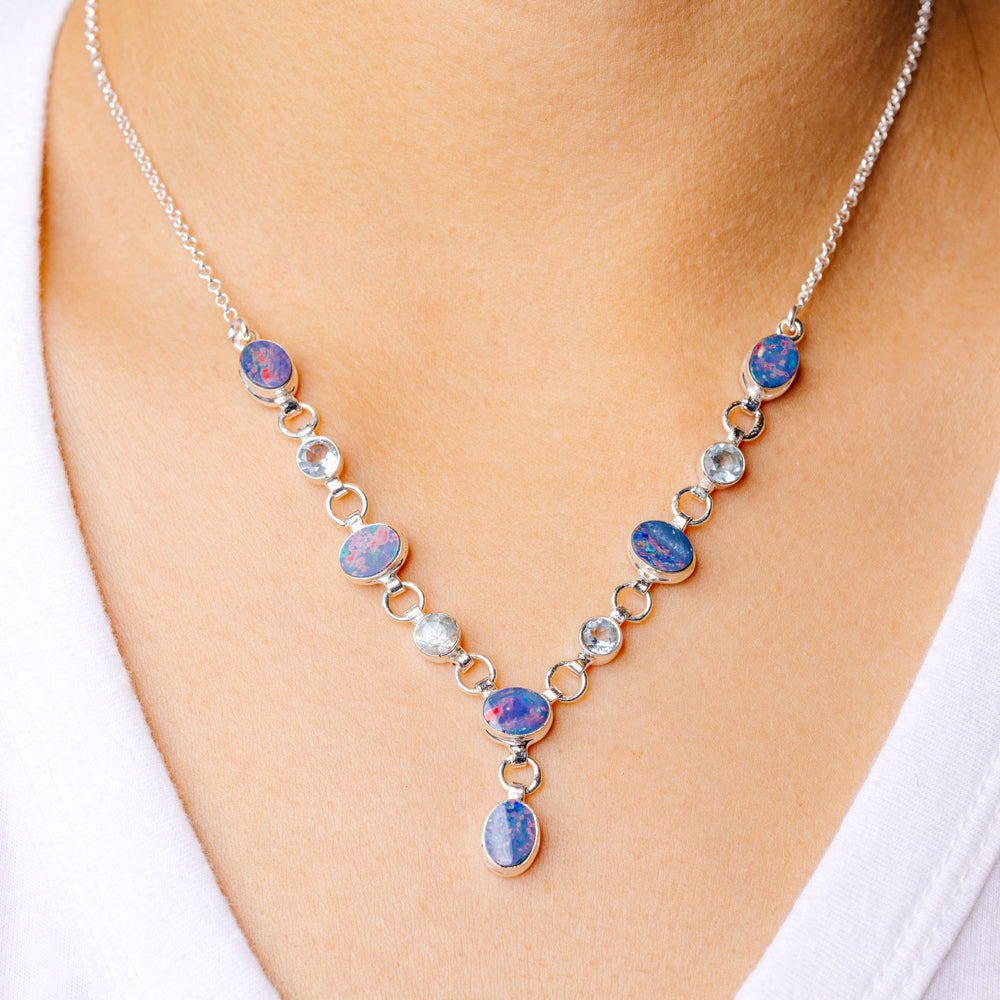 Rare Doublet Opal Necklace 17 To 18 3/4" (925 Sterling Silver) N90139