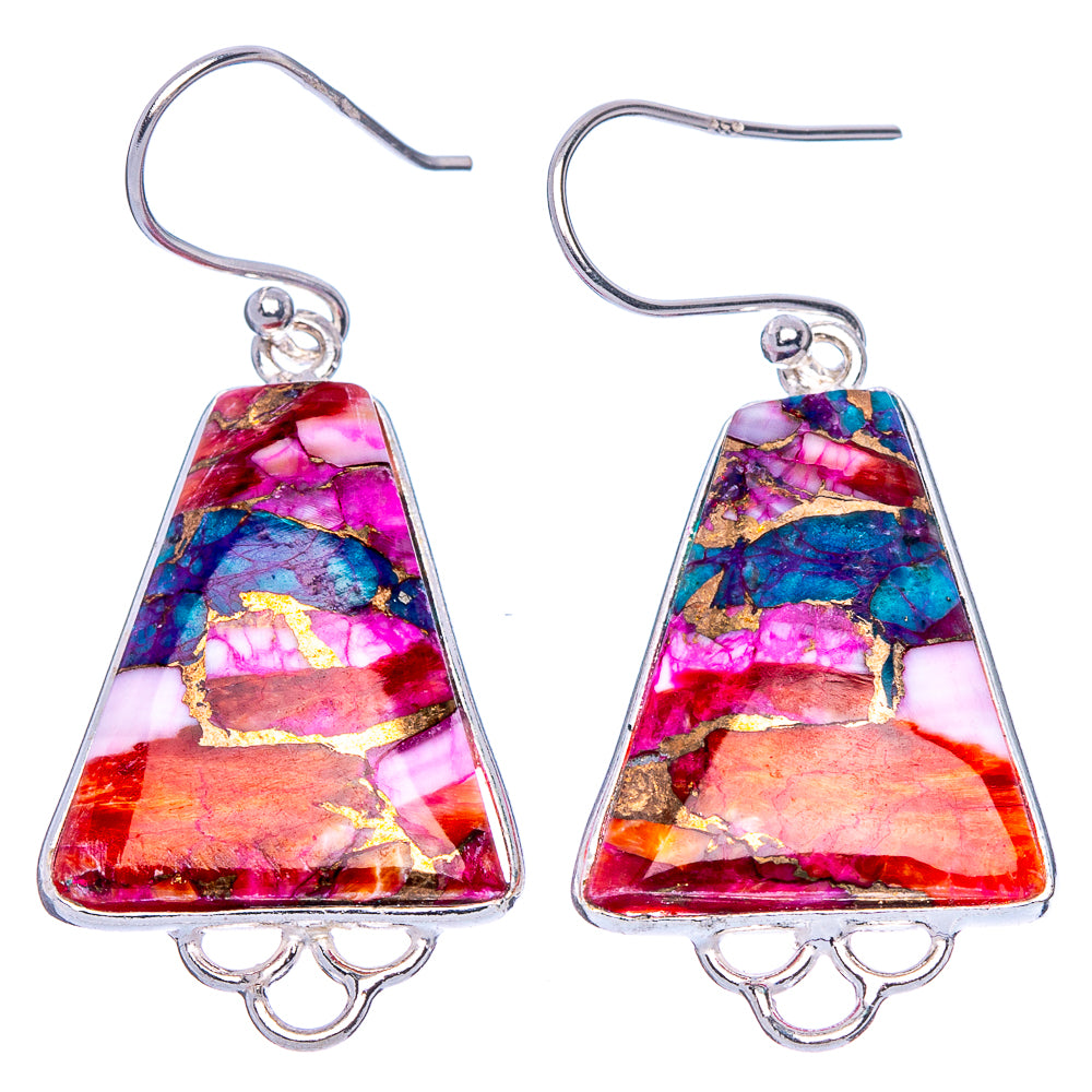 Kingman Pink Dahlia Turquoise Earrings 1 5/8" (925 Sterling Silver) E1725