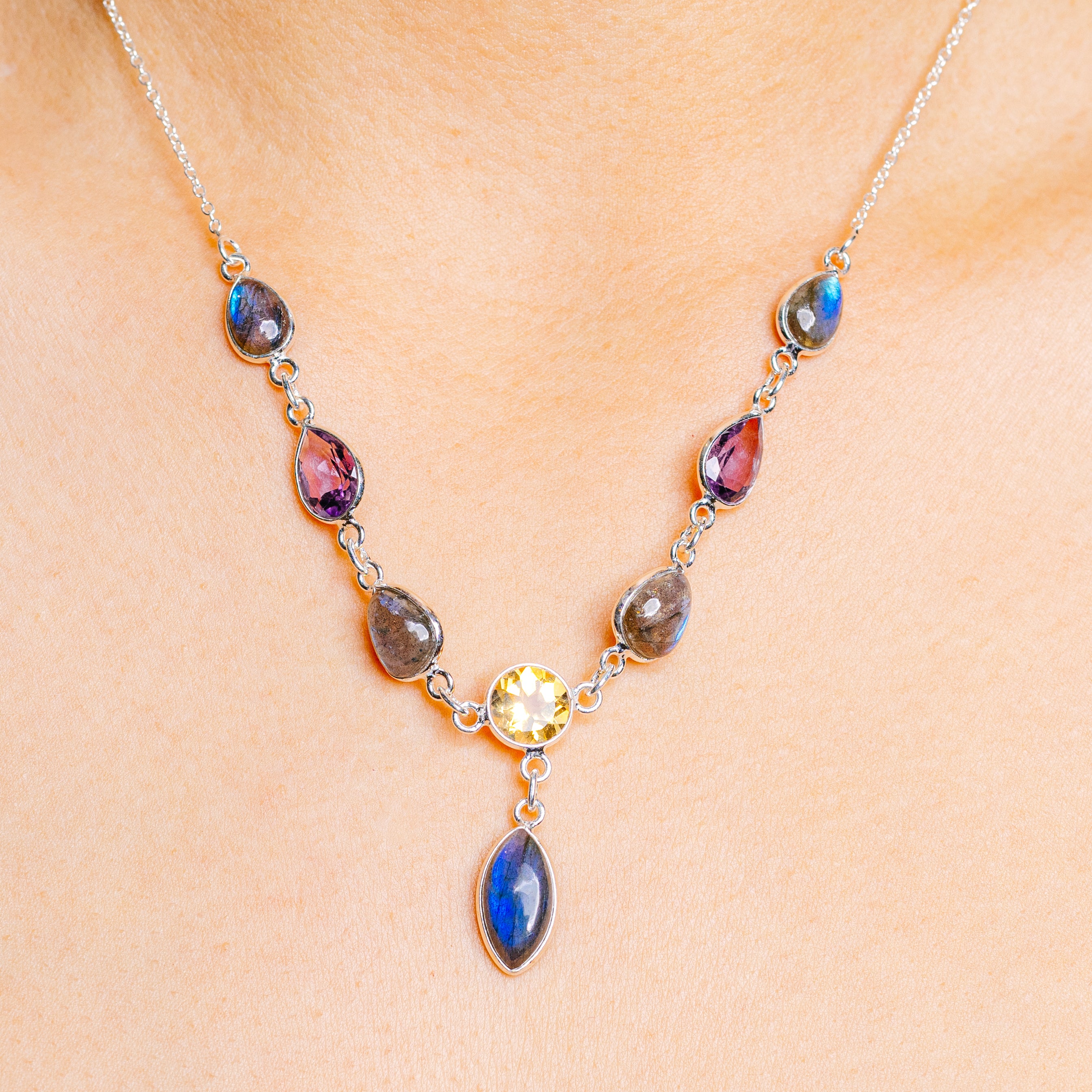 Labradorite, Citrine, Garnet Necklace 16  to 18" (.925 Sterling Silver)