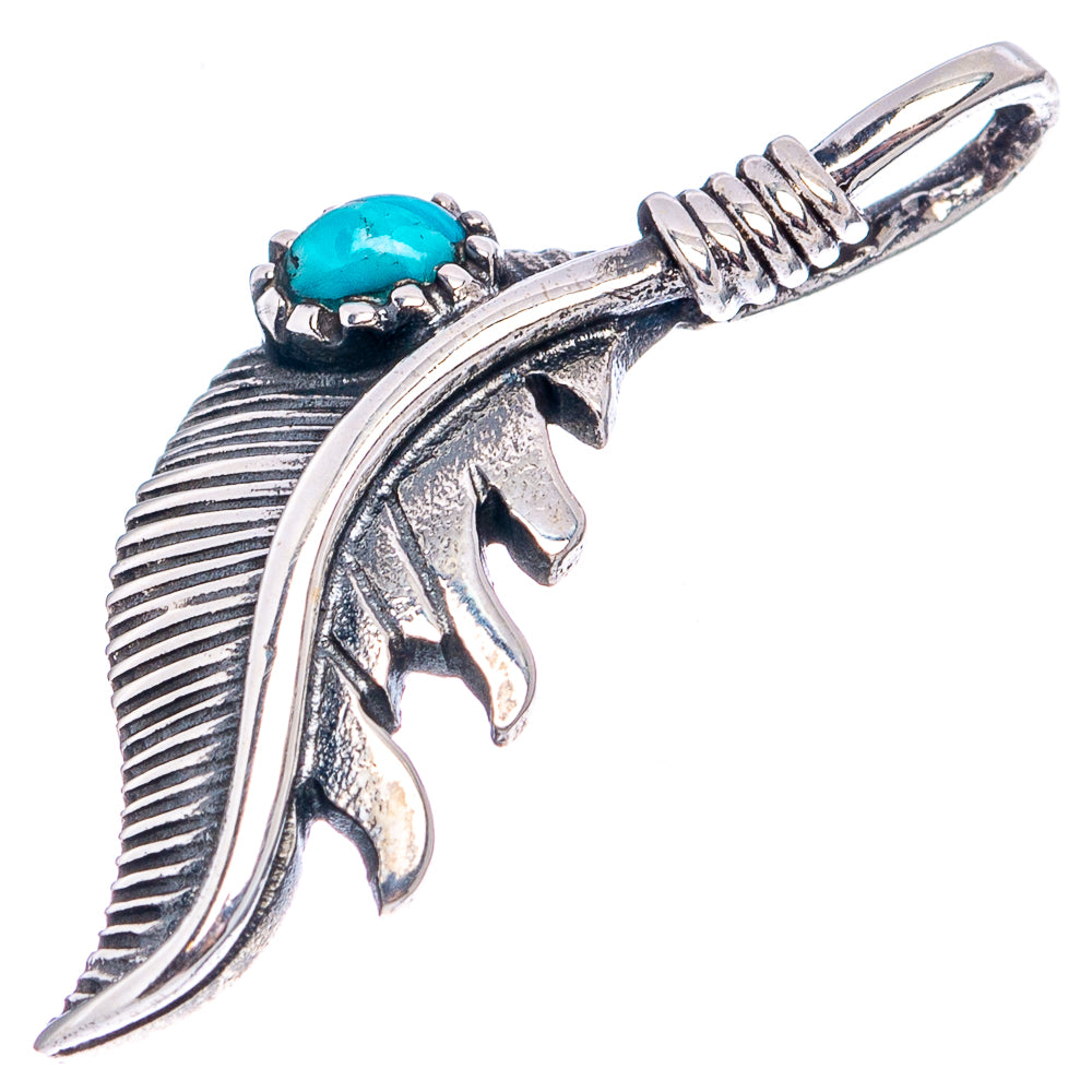 Native Style Mohave Turquoise Feather Pendant 1 1/4" (.925 Sterling Silver)