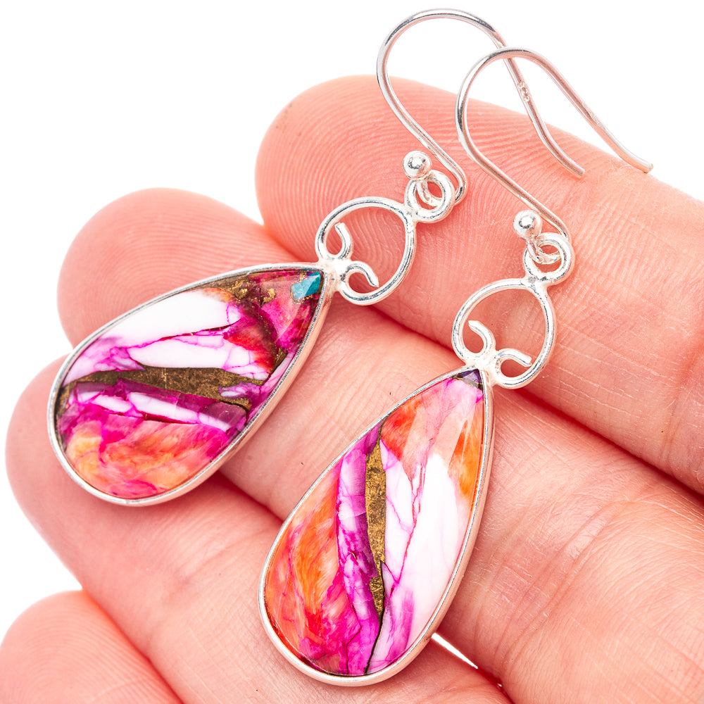 Kingman Pink Dahlia Turquoise 925 Sterling Silver Earrings 1 3/4" (925 Sterling Silver) E1235