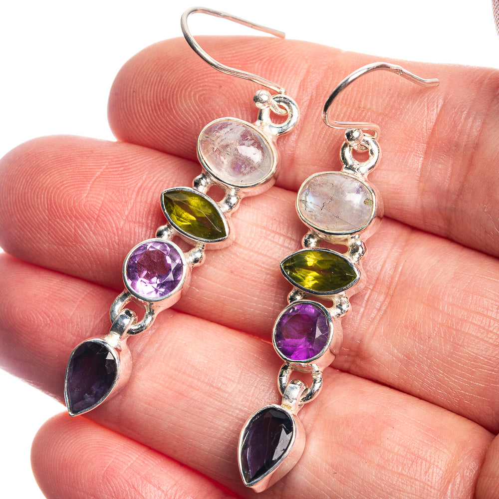 Rainbow Moonstone, Peridot, Amethyst, Tanzanite 925 Sterling Silver Earrings 2 1/8"