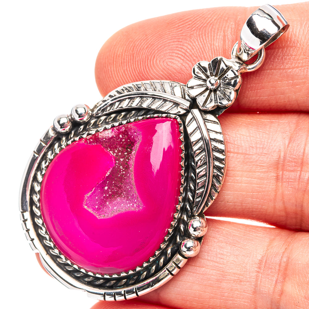 Premium Pink Agate Druzy Pendant 2 1/8" (.925 Sterling Silver)
