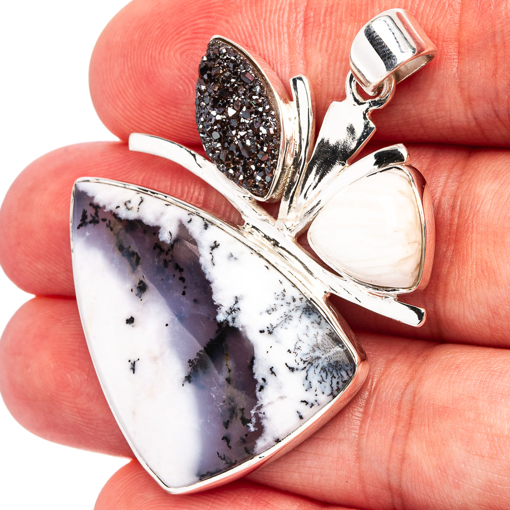 Signature Dendritic Opal, Metallic Druzy, Scolecite Pendant 1 3/4" (.925 Sterling Silver)