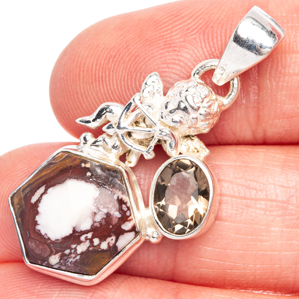 White Horse Jasper, Smoky Quartz Angel Pendant 1 3/8" (925 Sterling Silver) P40257