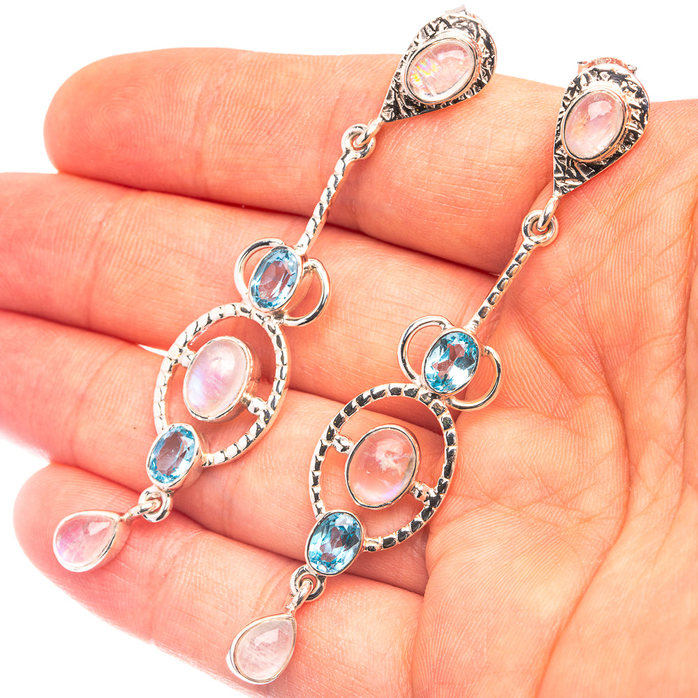 Signature Rainbow Moonstone, Blue Topaz Earrings 2 3/4" (925 Sterling Silver) E432341