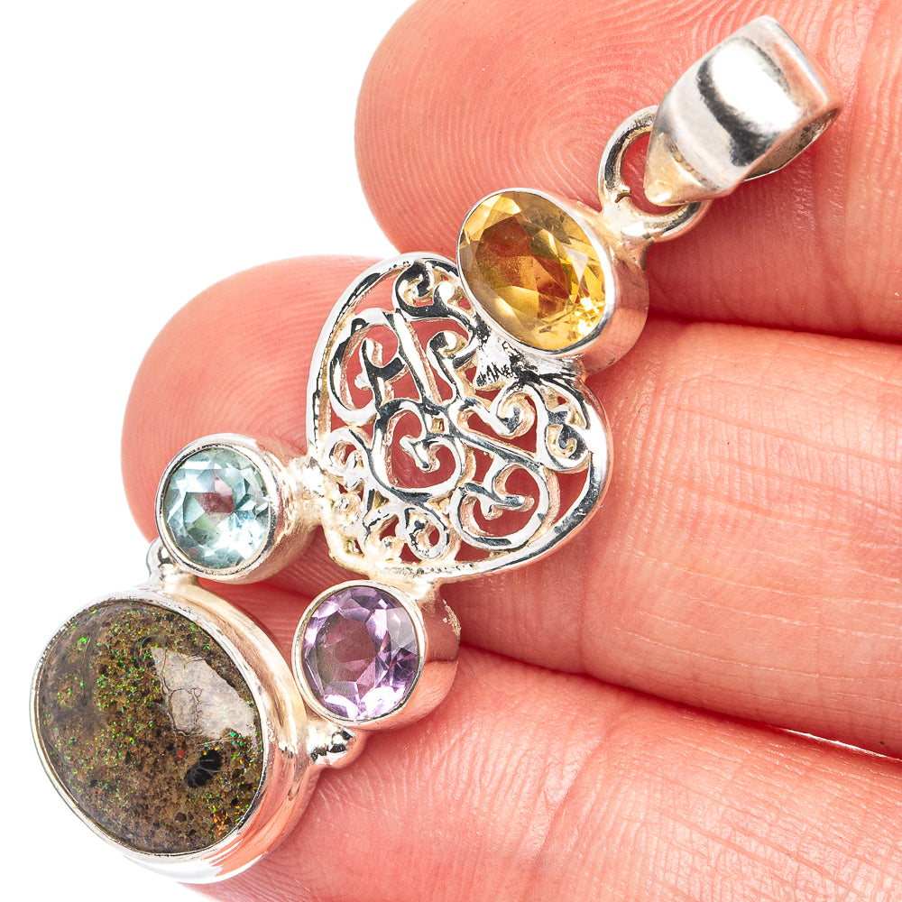 Rare Andamooka Opal Heart, Citrine, Blue Topaz, Amethyst Pendant 1 3/4" (.925 Sterling Silver)