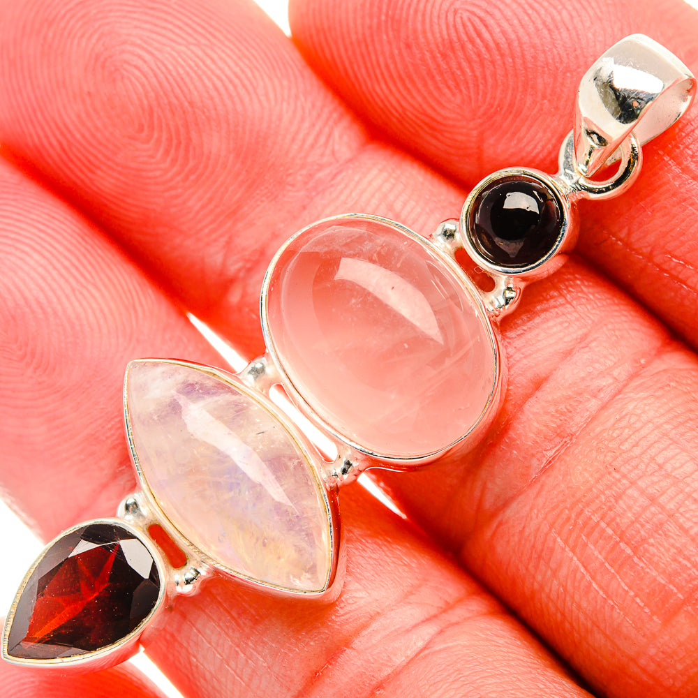 Rose Quartz, Rainbow Moonstone, Garnet Pendant 2 1/4" (925 Sterling Silver) PD38116