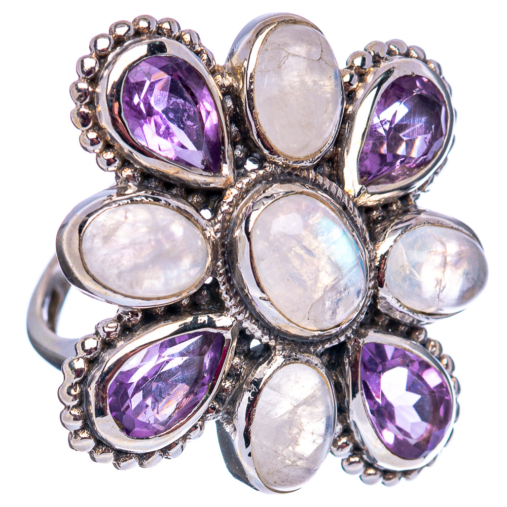 Rainbow Moonstone, Amethyst Flower Ring Size 7 (.925 Sterling Silver)