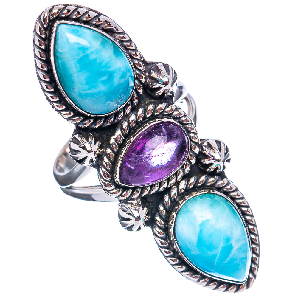 Premium Larimar, Amethyst Ring Size 6.25 (.925 Sterling Silver)