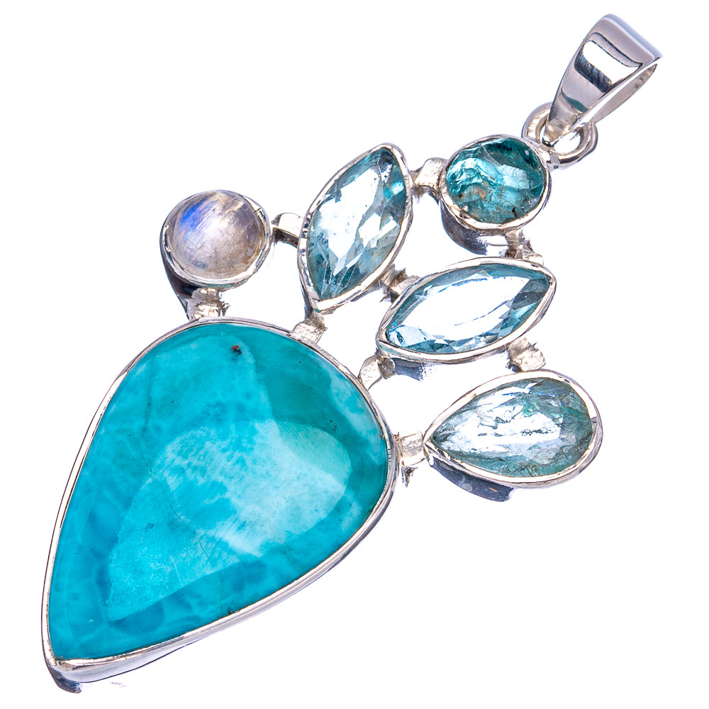 Signature Larimar, Blue Topaz, Rainbow Moonstone Pendant 2" (.925 Sterling Silver)