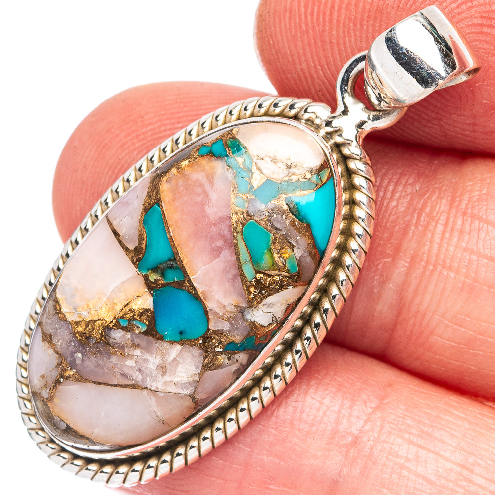 Copper Blue Turquoise Pink Opal Pendant 1 1/2" (925 Sterling Silver) P43503