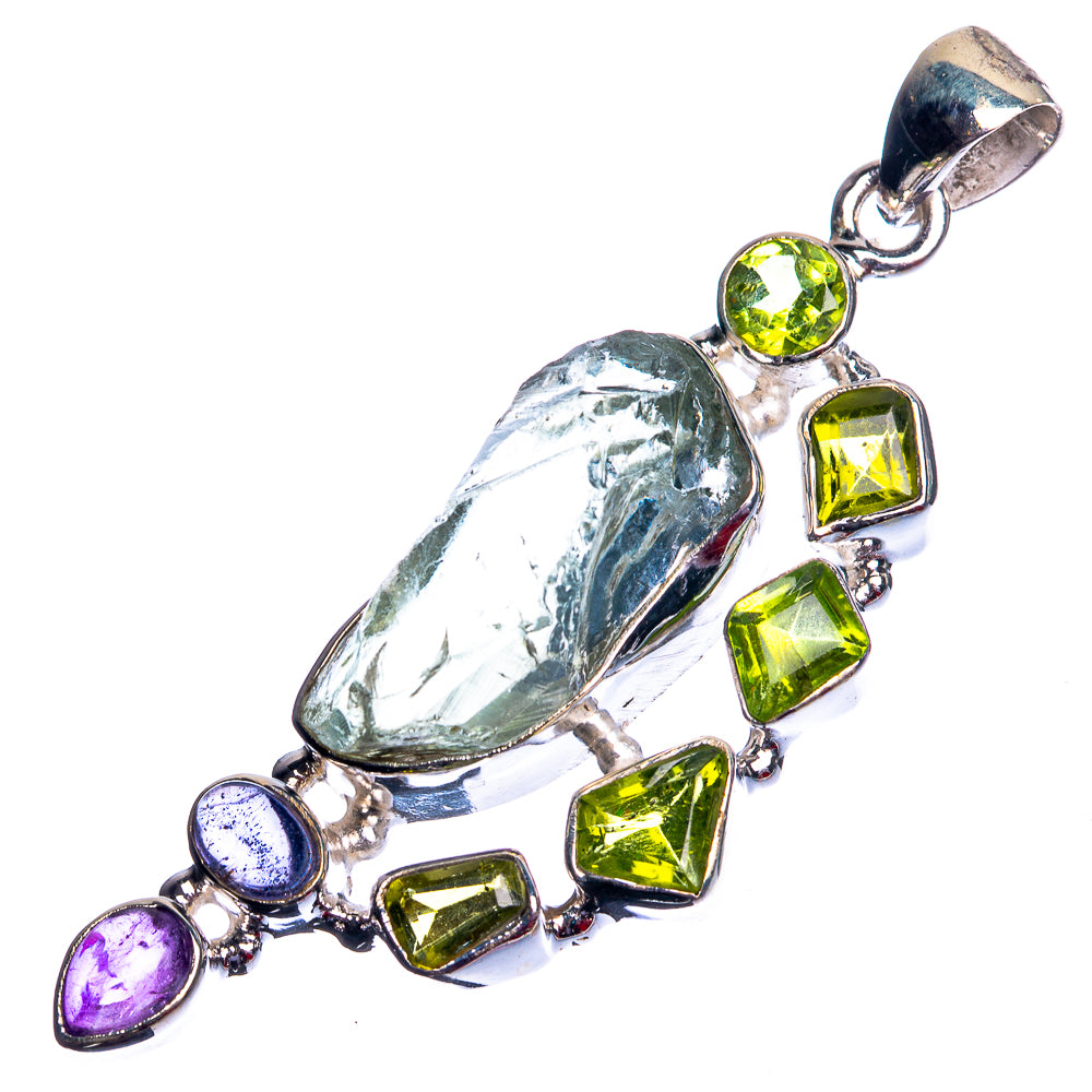 Rough Aquamarine, Peridot, Amethyst 925 Sterling Silver Pendant 2 1/4"